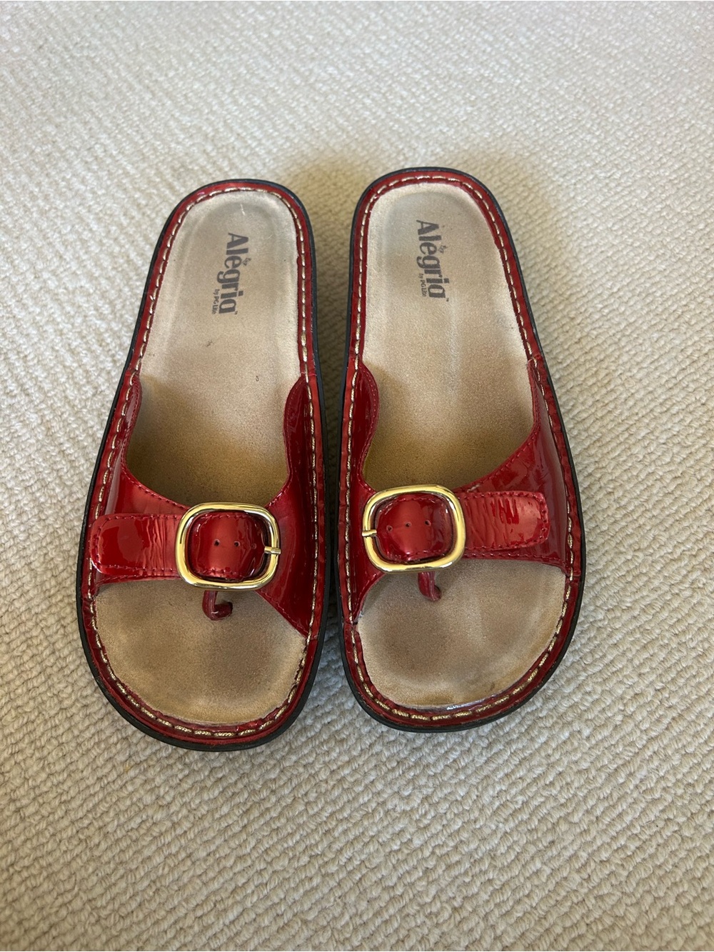 Alegria Red Patent Slide Sandals with Gold Buckle size 12 Us